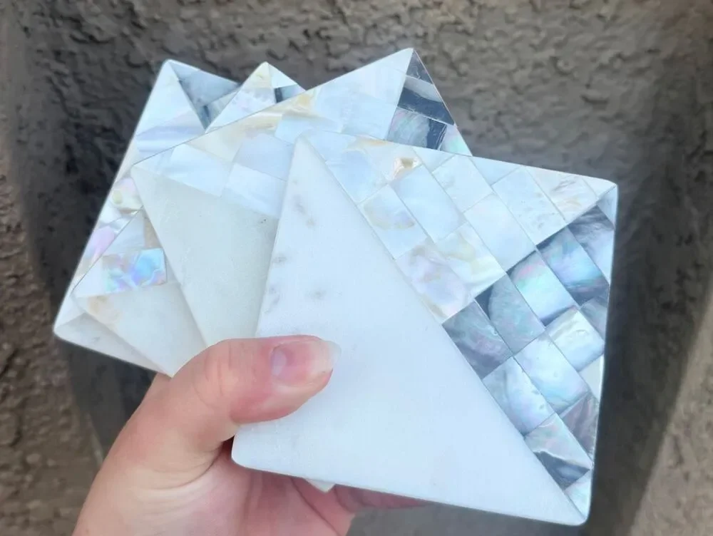 Set of 4 Mother of Pearl Mosaic Triangle Coasters Iridescent Shell